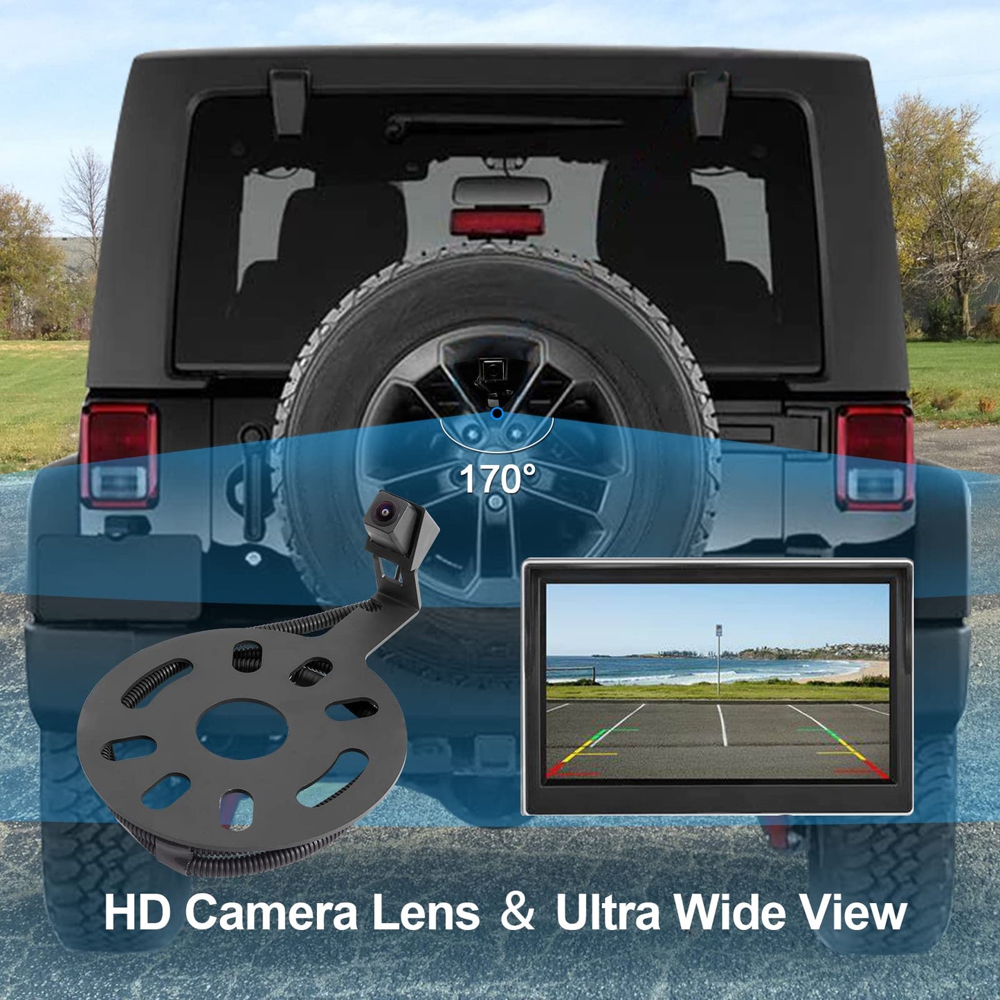 Spare Tire Holder Mounting Bracket & Car Rear View Back Up Camera Kit Compatible with 2007-2018 Jeep Wrangler JK, Tire Carrier Bracket with Screws & Third Center High Mount Brake Light