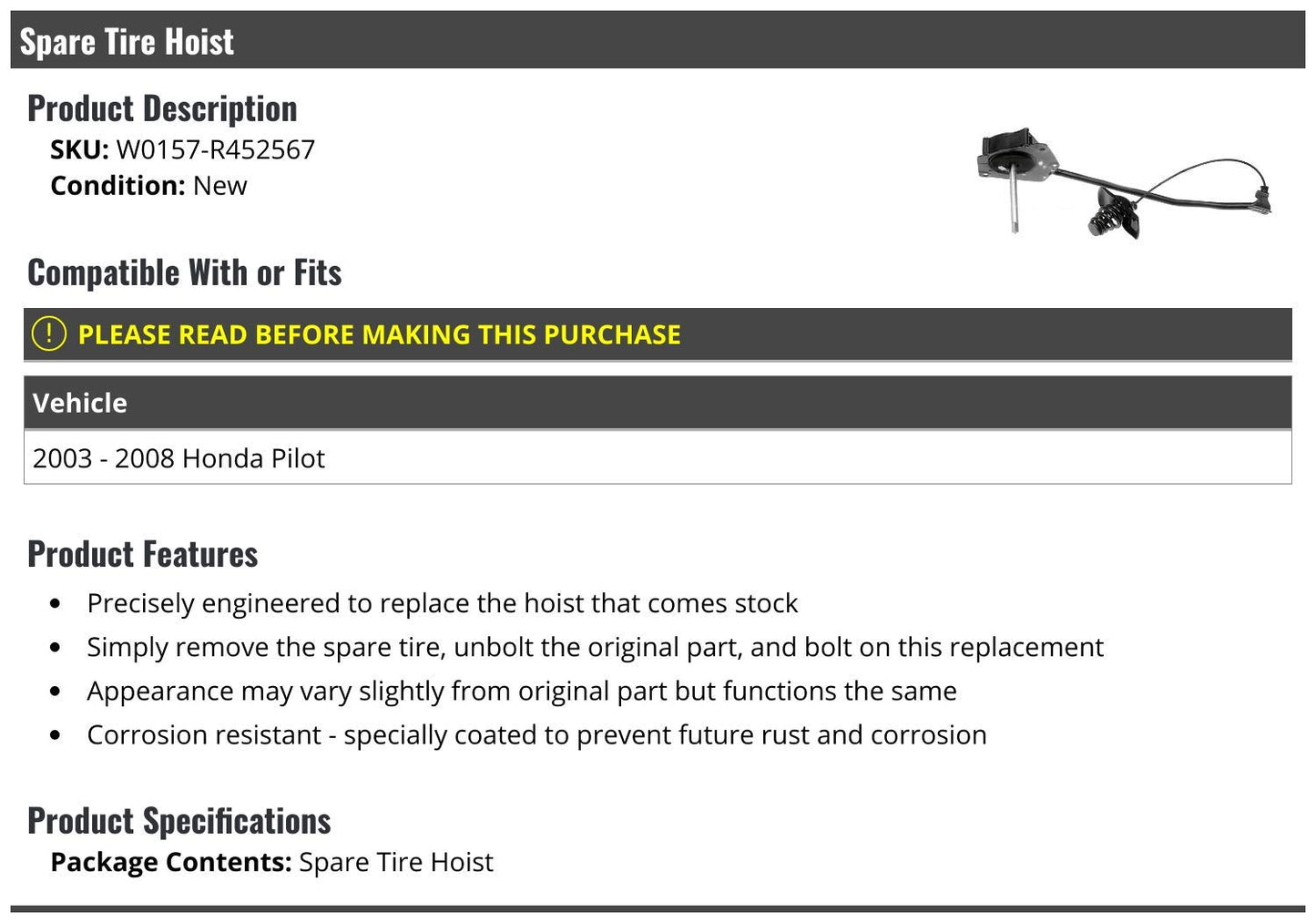 Marketplace Auto Parts Spare Tire Wheel Hoist Winch - Compatible with 2003-2008 Honda Pilot