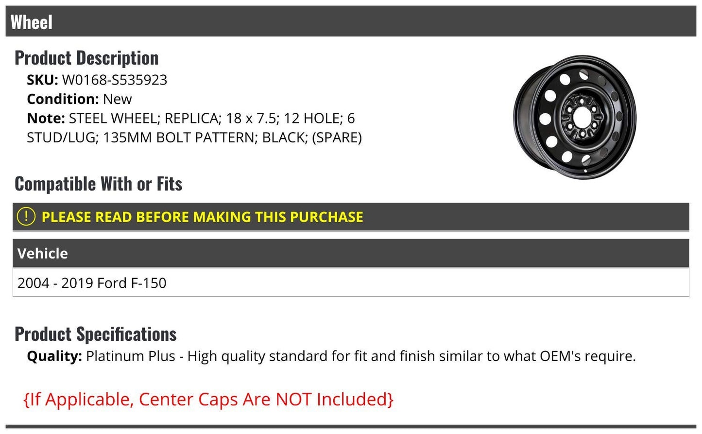 Marketplace Auto Parts Steel Wheel - Black - 18 x 7.5 Inch - Compatible with 2004-2019 Ford F150