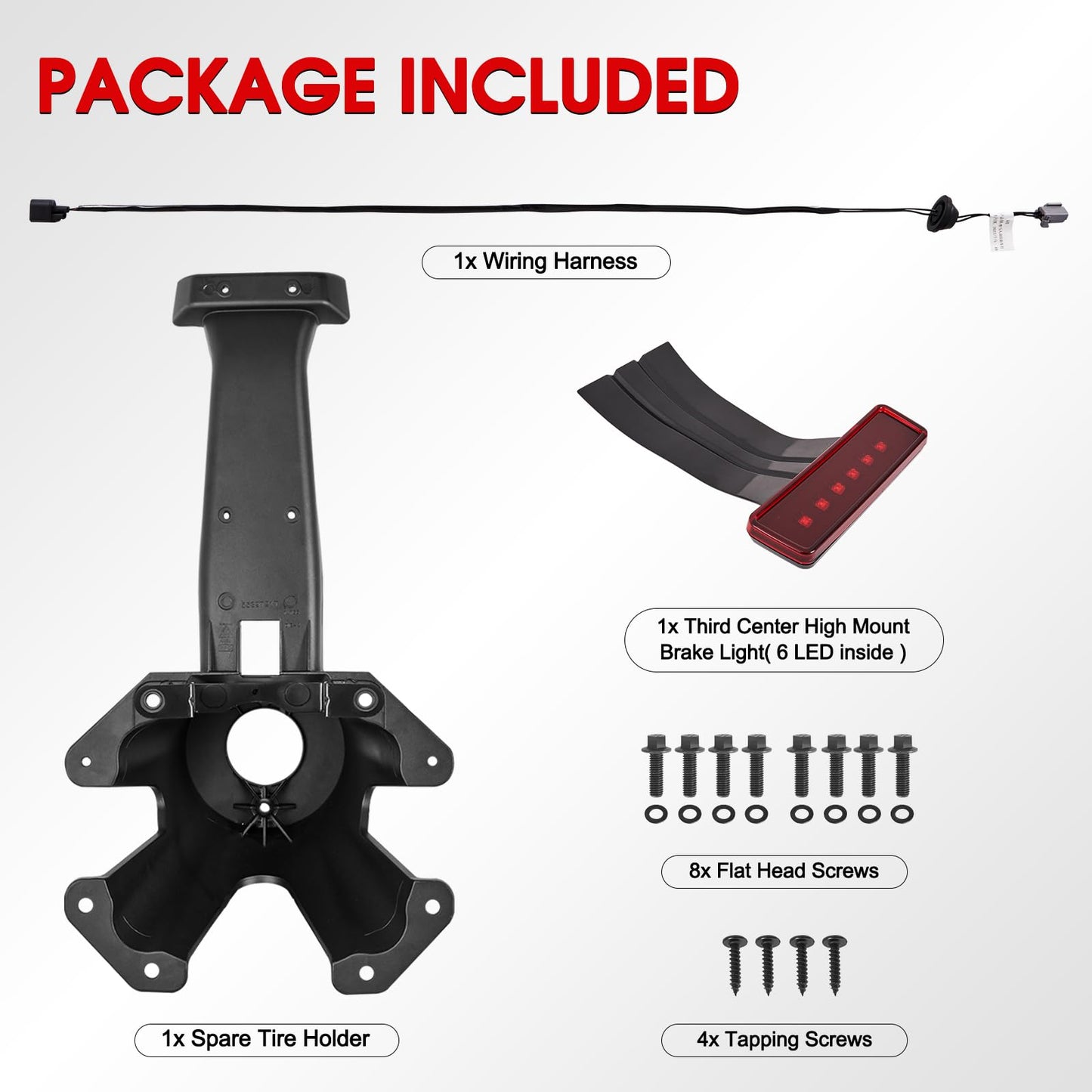 Spare Tire Holder Mounting Bracket ＆ Car Rear View Back Up Camera Kit Compatible with 2007-2018 Jeep Wrangler JK, Tire Carrier Bracket with Screws ＆ Third Center High Mount Brake Light