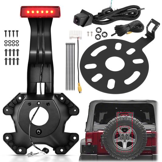 Spare Tire Holder Mounting Bracket ＆ Car Rear View Back Up Camera Kit Compatible with 2007-2018 Jeep Wrangler JK, Tire Carrier Bracket with Screws ＆ Third Center High Mount Brake Light